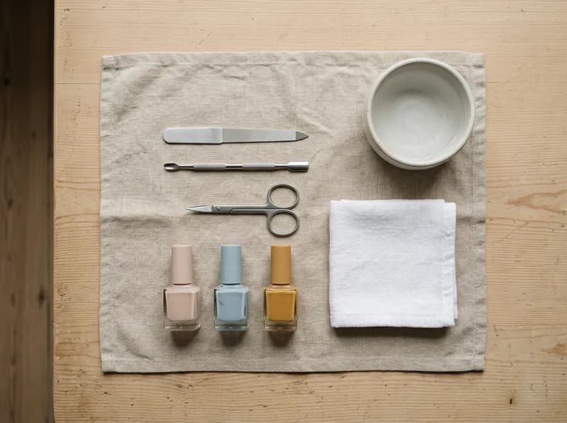 Utensílios de manicure arrumados sobre um pano de linho